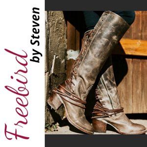 FREEBIRD BY STEVEN Coal Tall Knee High Leather Lace Up Boots Stone Gray, Size 11
